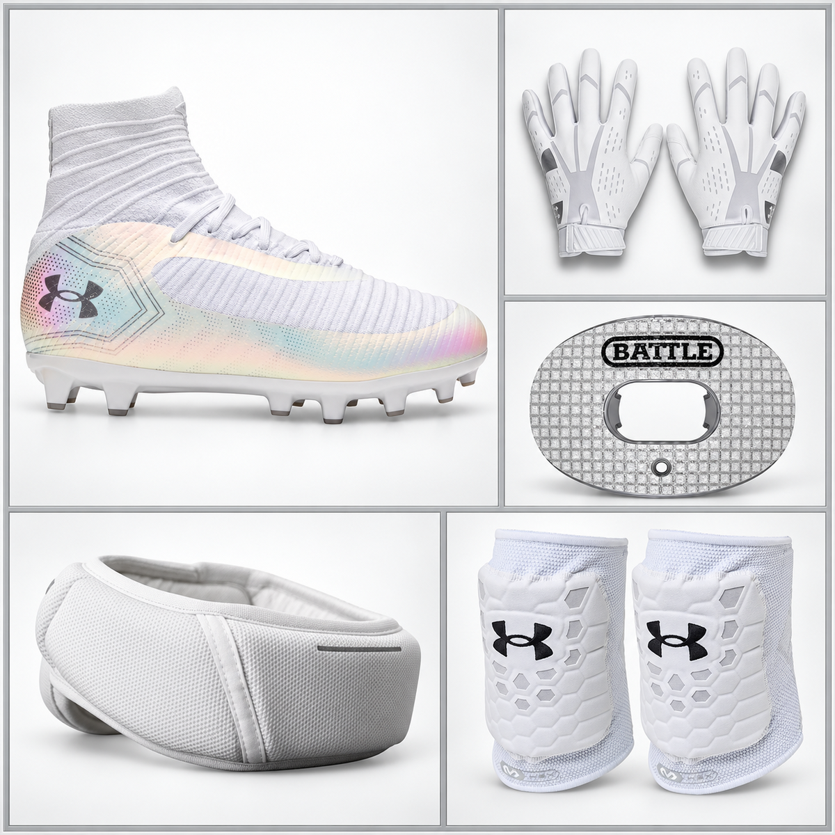 Bundle UA Drip Blanco con cleats, guantes, bucal, Guardian y rodilleras